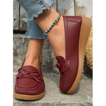 

Plain Color Bowknot Slip On Outdoor Shoes, Red wine