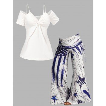 

Cold Shoulder Twist Front T Shirt And Star Stripe Print Cinched Foldover Wide Leg Pants Patriotic Outfit, Multicolor