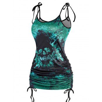 

Skull Tie Print Long Tank Top Tie Shoulder Cinched Ruched Casual Tank Top, Light green