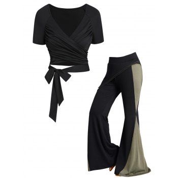 

Crossover Tied V Neck Cropped T Shirt And Contrast Colorblock Layered Wide Leg Pants Casual Outfit, Black