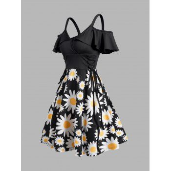 

Cold Shoulder Dress Daisy Flower Print Ruffle Lace Up V Neck High Waisted A Line Mini Dress, Black
