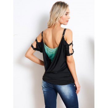 

Cold Shoulder Cowl Neck Colorblock Faux Twinset T-shirt Chain Detail Ruched Long Twofer Tee, Black