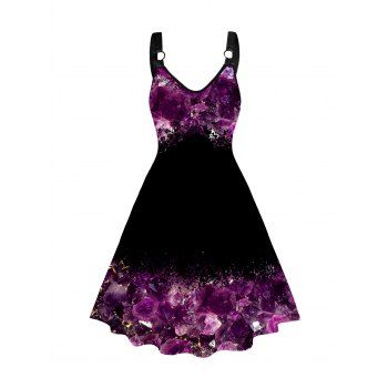 

Plus Size Dress Colorblock Gem Print O-ring Strap V Neck A Line Midi Dress, Purple