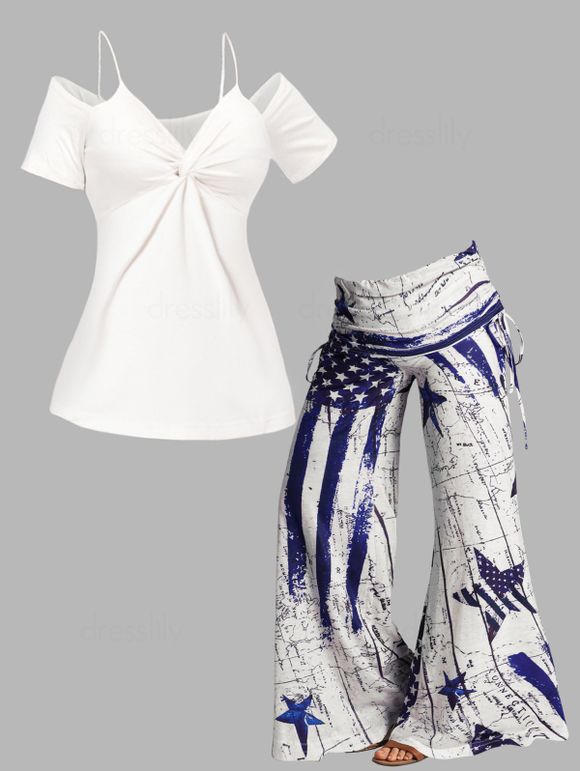 Ensemble Patriotique de T-shirt Plissé Torsadé en Avant à Epaule Dénudée et Pantalon Evasé Rayé à Imprimé Etoile - multicolor S