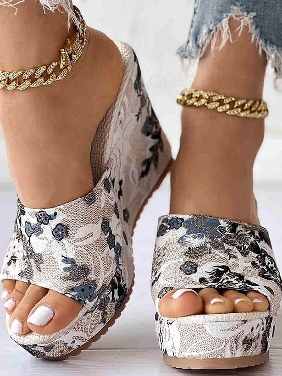 Flower Print Slip On Open Toe Wedge Slippers - Blanc EU 36