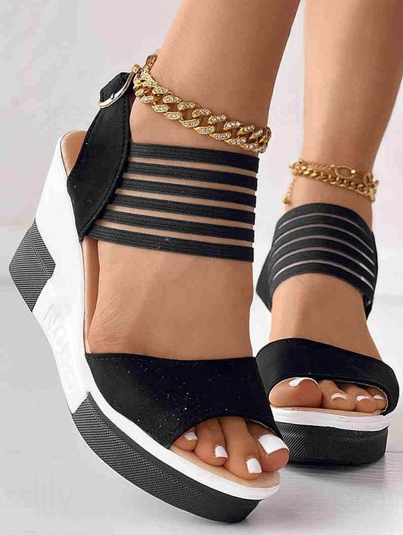 Colorblock Buckle Strap Open Toe Wedge Sandals - Noir EU 36