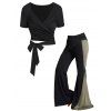 Ensemble de T-shirt Court Croisé à Col V et Pantalon Décontracté en Blocs de Couleurs à Jambe Large - Noir S