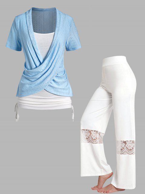 Colorblock Cinched Crossover Short Sleeve Faux Twinset T-shirt And Sheer Lace Panel Wide Leg Pants Outfit