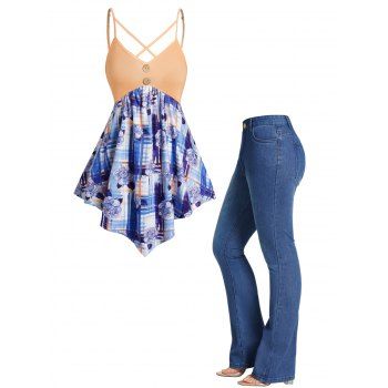 

Colorblock Plaid Flower Print Asymmetrical Hem Tank Top And Dark Wash Zipper Fly Flare Jeans Outfit, Multicolor
