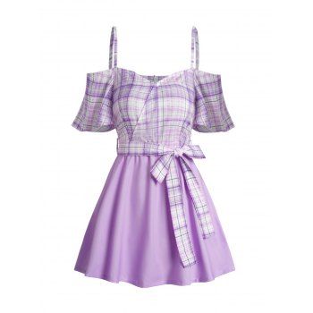 

Plaid Print Cold Shoulder Blouse Surplice V Neck Belted Adjustable Strap Short Sleeve Top, Light purple