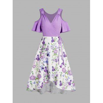 

Flower Butterfly Print Cottagecore Dress Cold Shoulder Tie Knot V Neck High Low Dress, Light purple