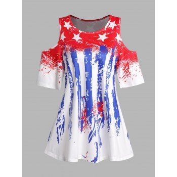 

Plus Size Patriotic T Shirt American Flag Star Striped Cold Shoulder Tee, Multicolor a