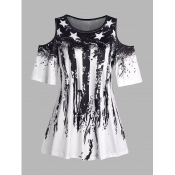 

Plus Size T Shirt Star Striped American Flag Print Cold Shoulder Patriotic Tee, Black