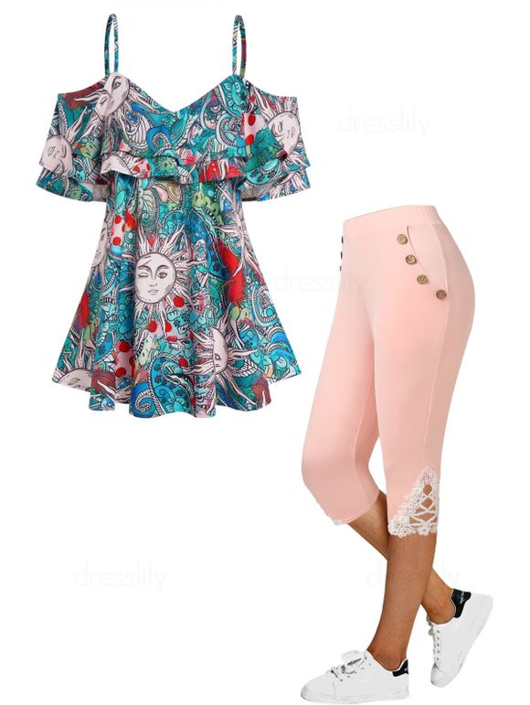 Ensemble de Legging Capri Applique à Taille Haute et Blouse Superposée à Imprimé Fleur Soleil et Cachemire à Epaule Dénudée - multicolor S
