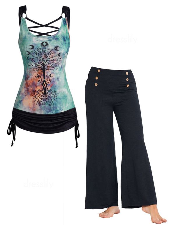 Ensemble de Débardeur Décontracté Teinté à Imprimé Lune et Arbre et Pantalon à Jambe Large avec Faux Bouton - multicolor S