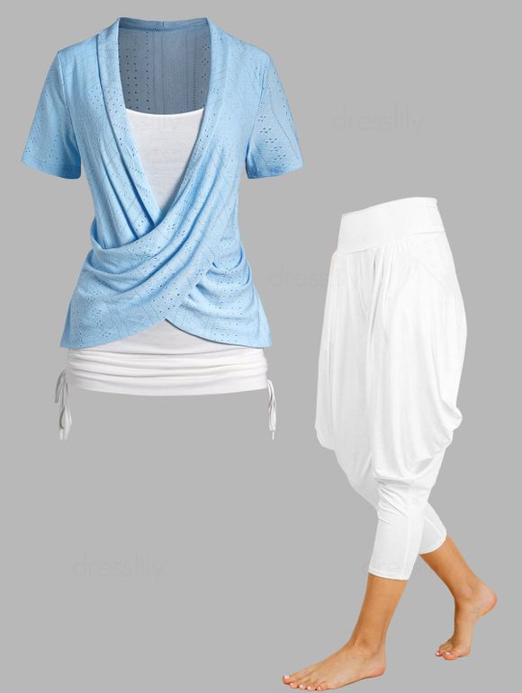 Ensemble de T-shirt Drapé Croisé Evidé en Blocs de Couleurs à Manches Courtes Faux Deux Pièces et Pantalon Lanterne à Taille Elastique - multicolor S