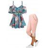 Ensemble de Legging Capri Applique à Taille Haute et Blouse Superposée à Imprimé Fleur Soleil et Cachemire à Epaule Dénudée - multicolor S