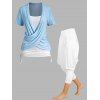 Ensemble de T-shirt Drapé Croisé Evidé en Blocs de Couleurs à Manches Courtes Faux Deux Pièces et Pantalon Lanterne à Taille Elastique - multicolor S
