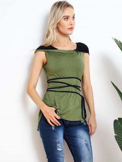 Colorblock Hooded Tank Top High Low Belted Casual Tank Top