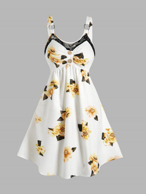 Flower Print Empire Waist Mini Dress Sleeveless Lace Panel Mock Button Ruched O-ring Straps Backless Dress