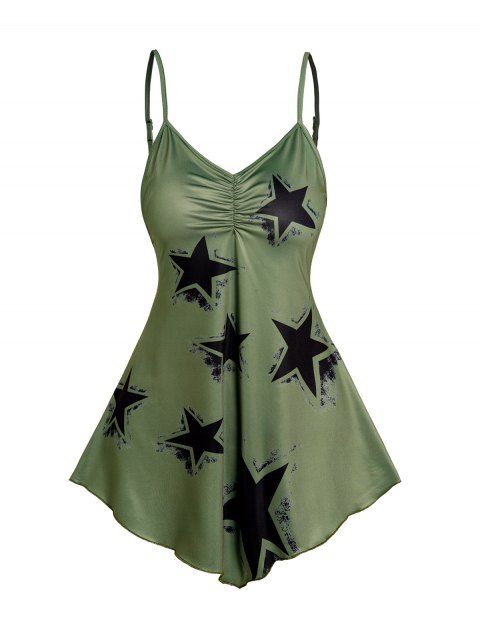 Star Print Pointed Hem Camisole Adjustable Strap Ruched Casual Tank Top