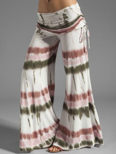 Tie Dye Print Wide Leg Pants Cinched Foldover Elastic Waist Long Relaxed Pants