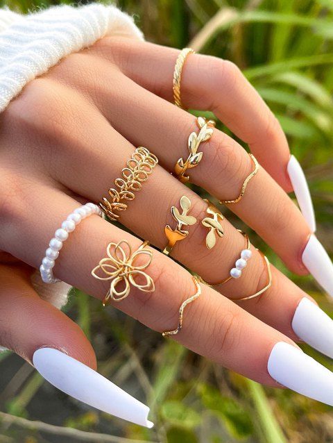 10 Pcs Flower Faux Pearl Trendy Rings Set