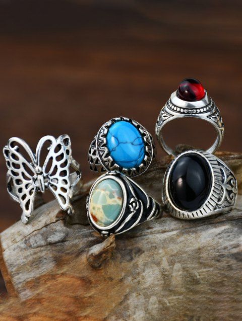 5 Pcs Retro Rings Set Hollow Out Butterfly Faux Turquoise Vintage Rings Set