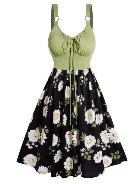 Colorblock Daisy Leaf Print Mini Dress Lace Up O Ring Strap High Waist Casual Dress