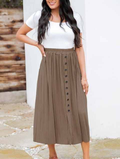 Pleated Slit Mock Buttom Midi Skirt Solid Color High Waist Skirt