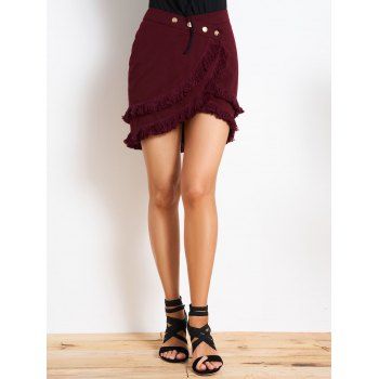 

Layered Tassel Asymmetric Mini Skirt Mock Button Crossover A Line Skirt, Deep red