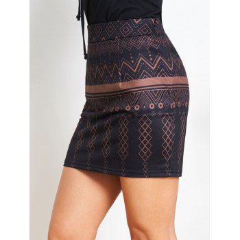 

Tribal Geometric Print Mini Skirt Zip Fly Casual Skirt, Coffee