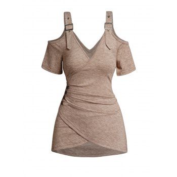 

Cold Shoulder Crossover T-shirt Ruched Mock Button Buckle Strap V Neck Heathered Tee, Light coffee