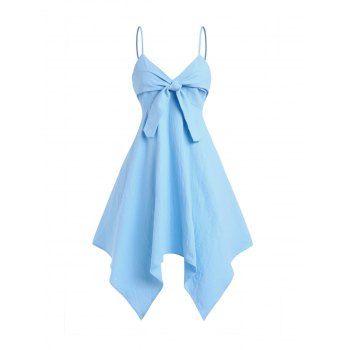 

Pastel Color Dress Knotted Spaghetti Strap Empire Wast Asymmetrical Midi Dress, Light blue