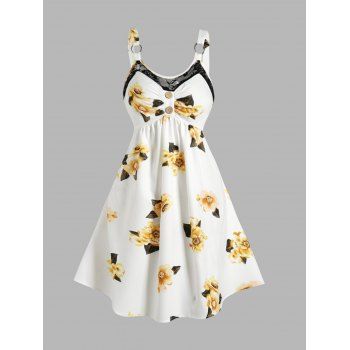 

Flower Print Empire Waist Mini Dress Sleeveless Lace Panel Mock Button Ruched O-ring Straps Backless Dress, White