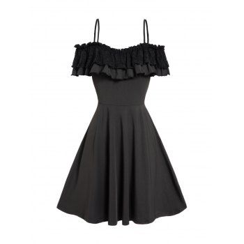 

Cold Shoulder Dress Ruffle Lace Foldover High Waisted A Line Mini Dress, Black