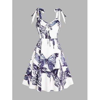 

Butterfly Print Lace Up Dress Tied Shoulder Sleeveless High Waisted A Line Midi Dress, White