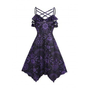 

Sun Printed Dress Lattice Strap Sleeveless Foldover High Waisted Asymmetrical Midi Dress, Concord