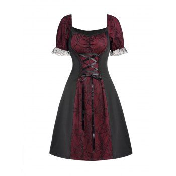 Colorblock Lace Panel Gothic Mini Dress Lace Up Puff Sleeve Dress