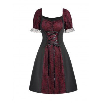 

Colorblock Lace Panel Gothic Mini Dress Lace Up Puff Sleeve Dress, Black