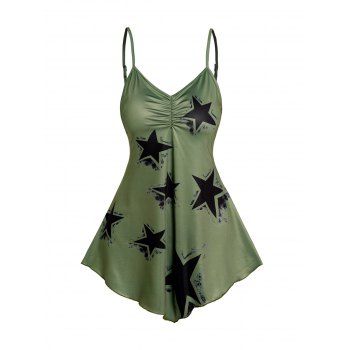 

Star Print Pointed Hem Camisole Adjustable Strap Ruched Casual Tank Top, Deep green