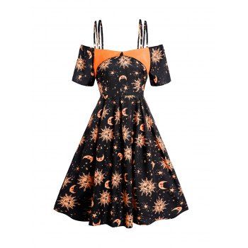 

Celestial Sun Moon Star Print Dress Contrast Color Foldover Cold Shoulder High Waisted A Line Dress, Black