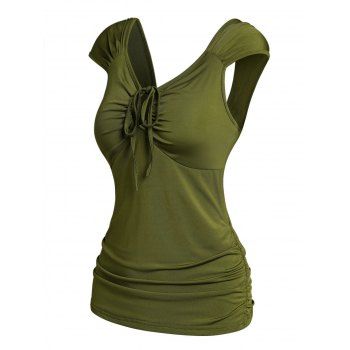 

Cinched Cut Out T-shirt Solid Color Cap Sleeve Ruched Casual Tee, Green