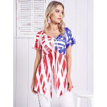

American Flag Print Cinched Asymmetric T-shirt Plunge Short Sleeve Handkerchief Tee, Red