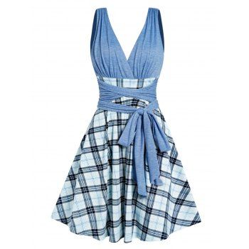 

Plaid Print Surplice Plunge Mini Dress Ruched Bandage Bowknot High Waist Sleeveless Dress, Light blue