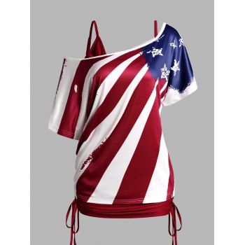 

American Flag Print Skew Neck T Shirt And Plain Color Cinched Ruched Long Tank Top Patriotic Two Piece Set, Deep red