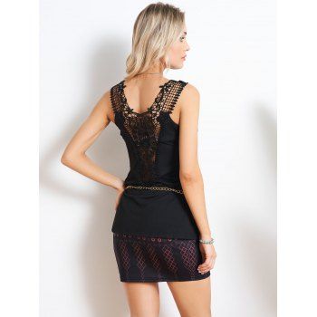 

Plain Color Lace Up Tank Top Hollow Out Lace Panel Chain Belted Casual Top, Black