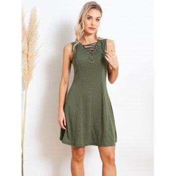 

Plain Color Dress Lace Up O Ring Sleeveless A Line Mini Dress, Deep green