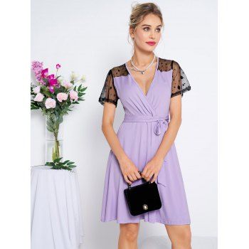 

Colorblock Polka Dots Mesh Panel Mini Dress Surplice Plunge Bowknot Short Sleeve Dress, Light purple