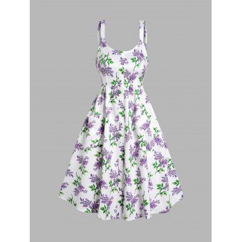 

Flower Leaf Print Dress Mock Button Patch Design High Waisted A Line Mini Dress, White